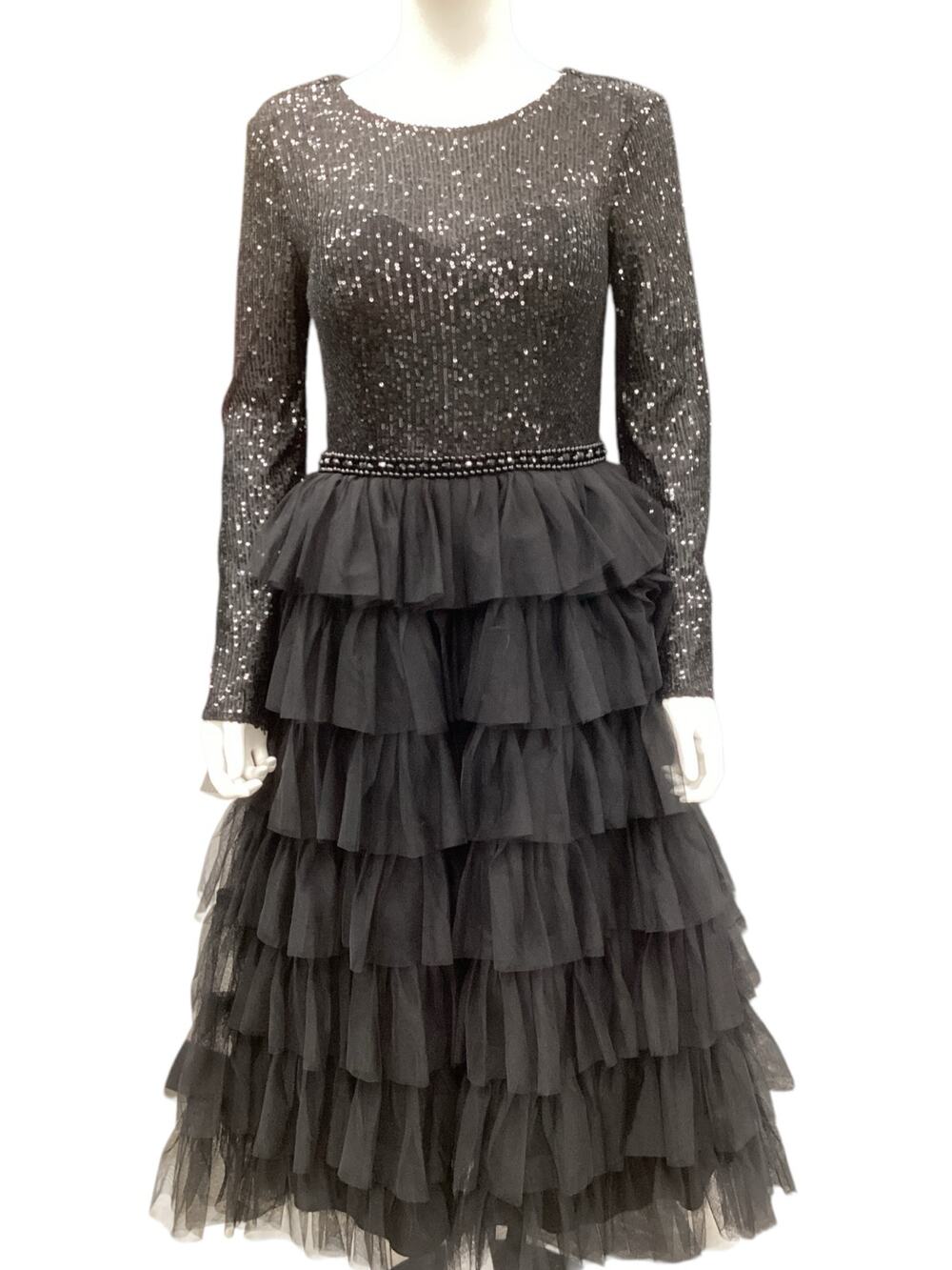 Macduggal Dress Women’s Size 4 Sequins And Tulle Long Sleeves Back Zipper Black